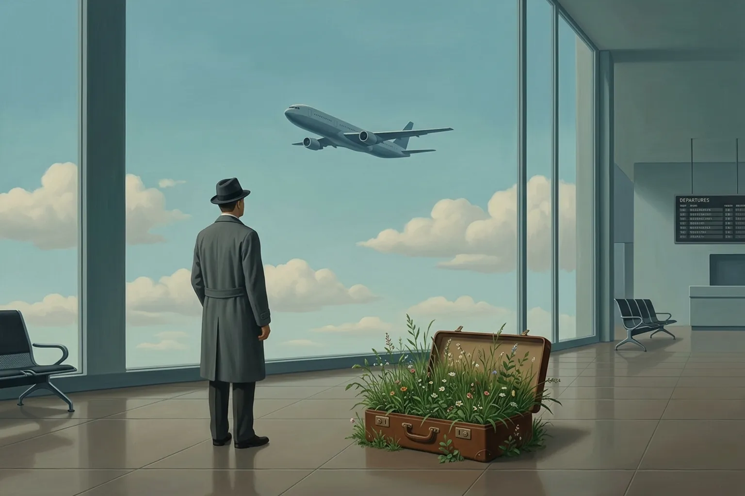 A surrealist painted emblem of the dream symbol Missing a Flight.