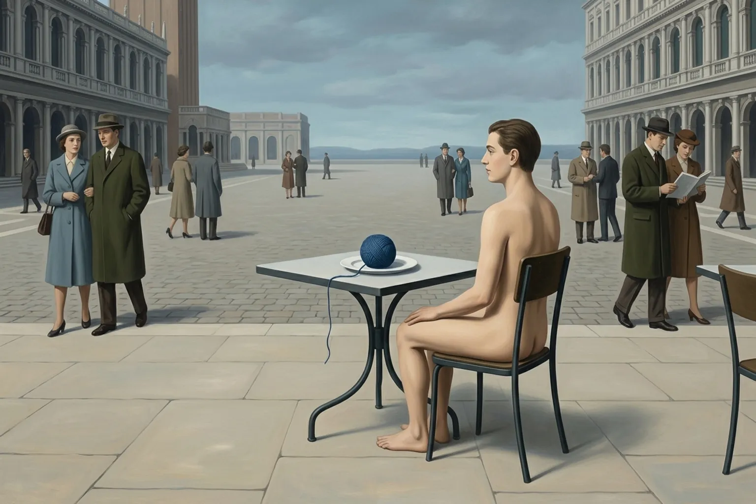 A surrealist painted emblem of the dream symbol Being Naked in Public.