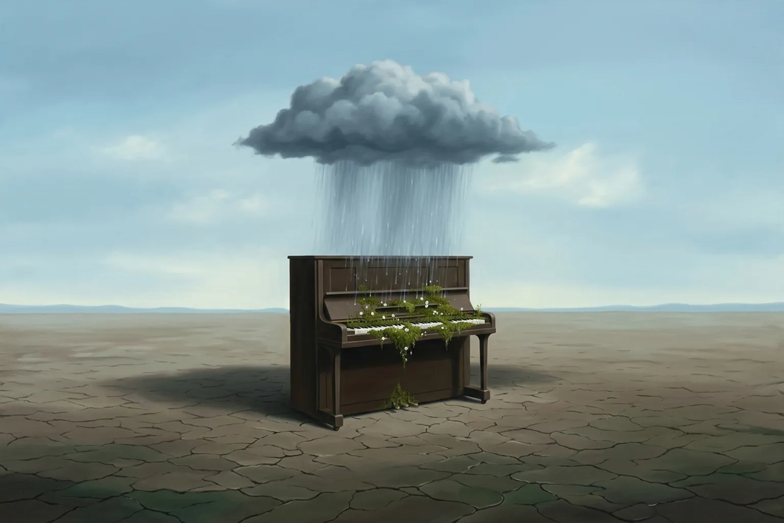 A surrealist painted emblem of the dream symbol Rain.