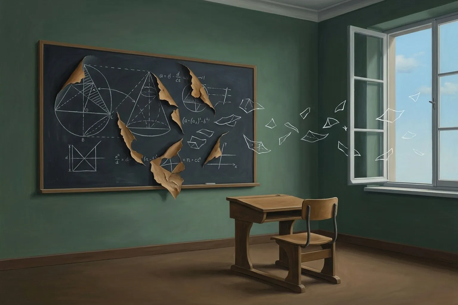A surrealist painted emblem of the dream symbol School.