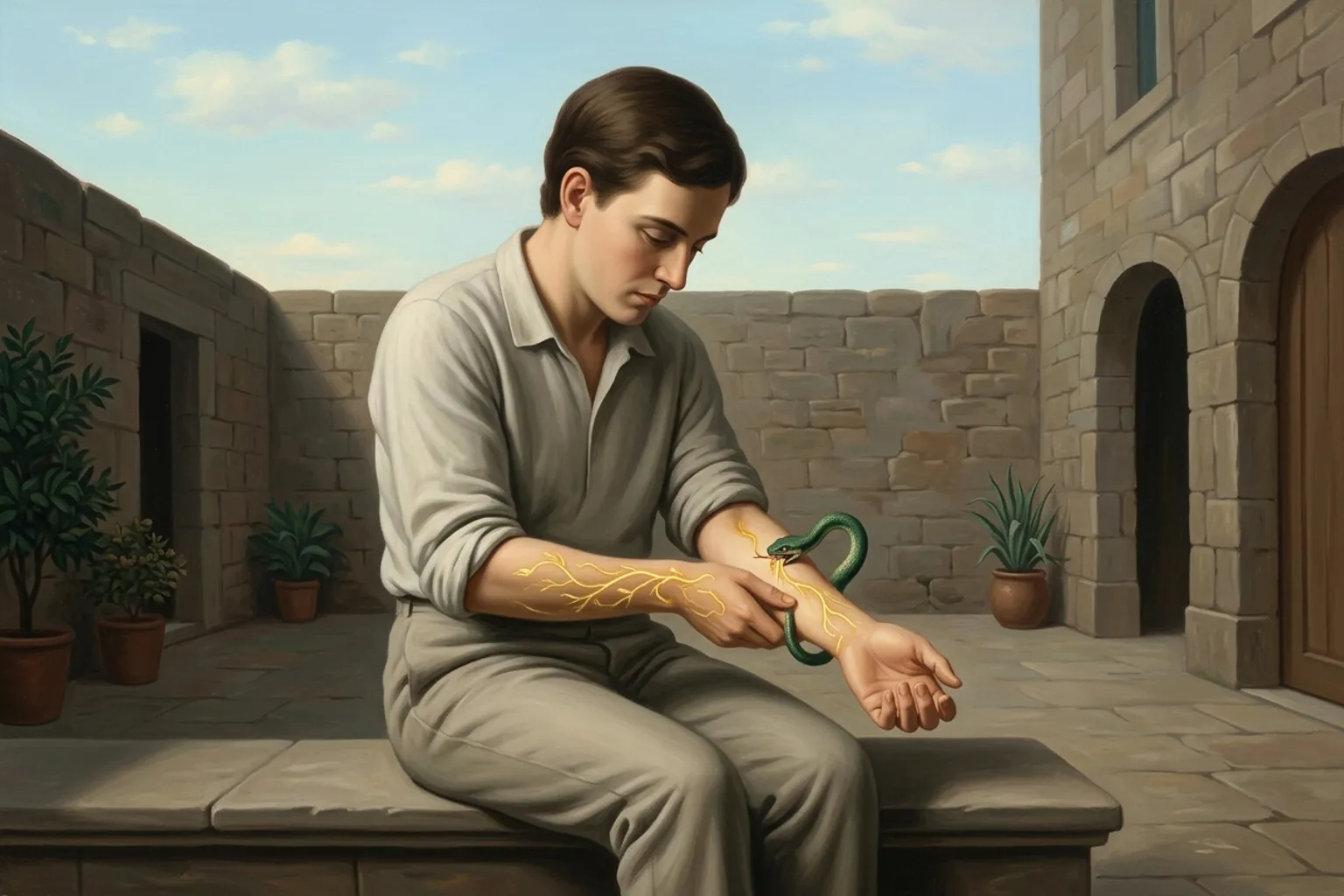 A surrealist painted emblem of the dream symbol Snake Bite.